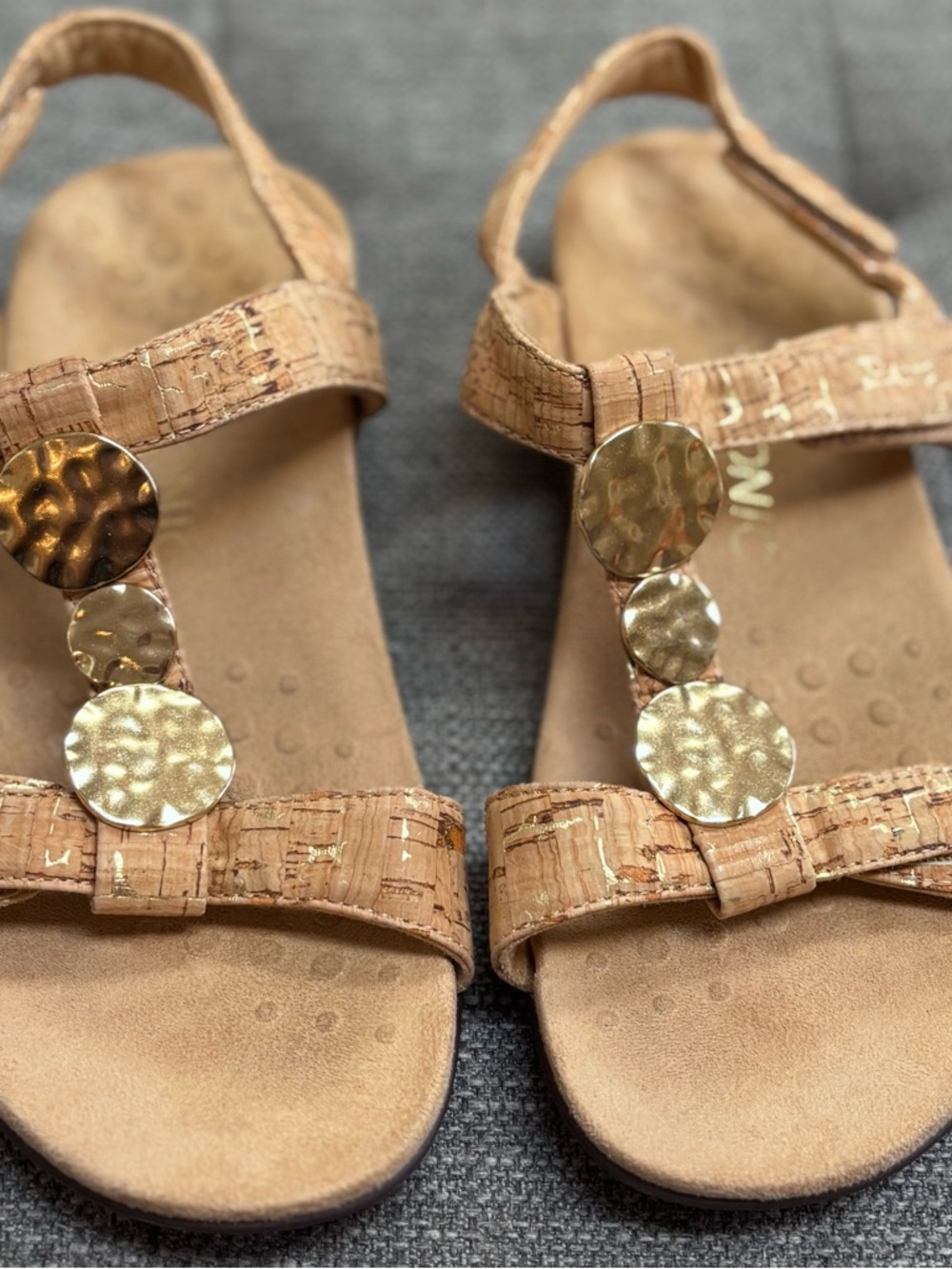 Vionic Tan Cork-Textured Slingback Sandals with Gold Disc Accents - Picture 8 of 10